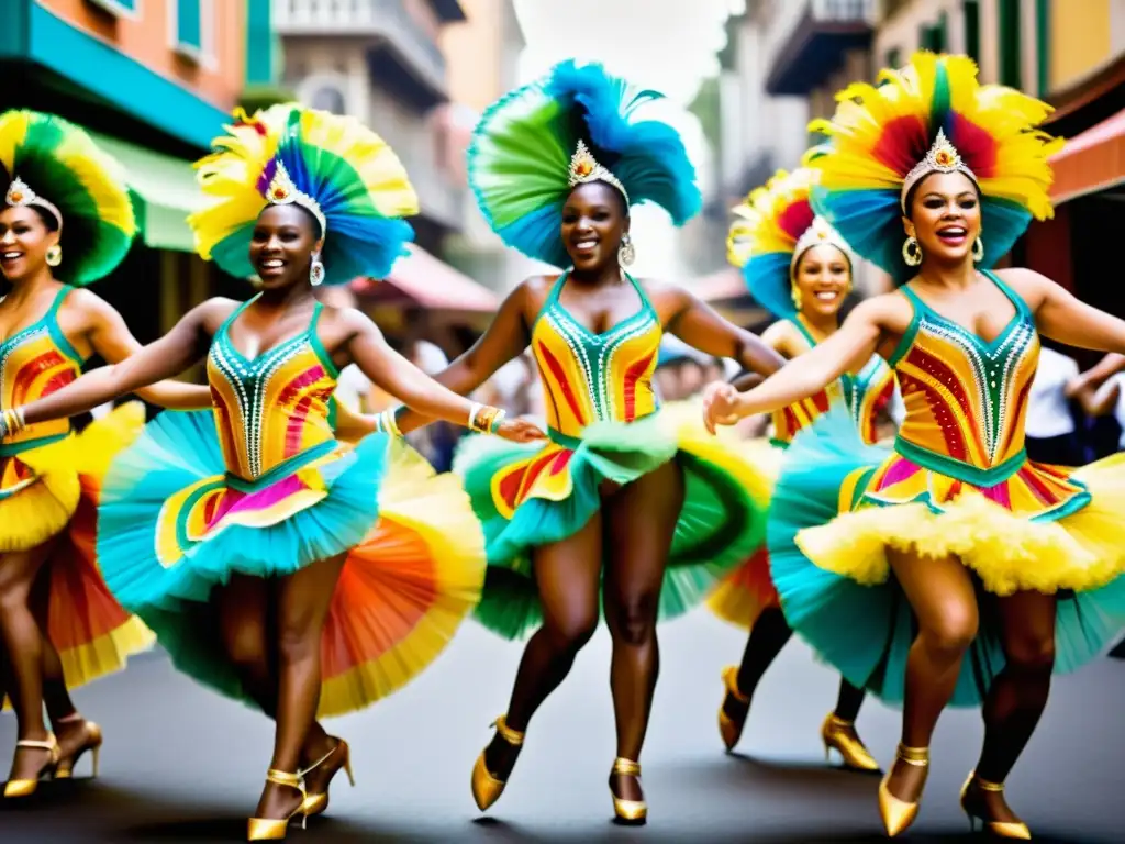 Grupo de bailarines de samba con coloridos trajes en el Carnaval de Río