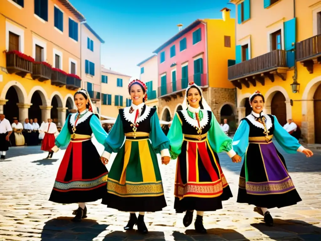 Un grupo de bailarines sardos en trajes tradicionales ejecutan una animada danza folclórica en una plaza soleada