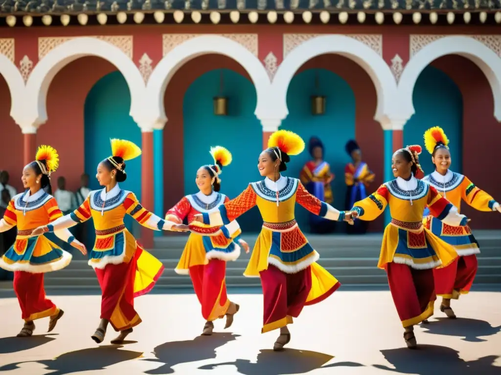 Un grupo de bailarines tradicionales con coloridos y vibrantes trajes, moviéndose graciosamente en un patio soleado