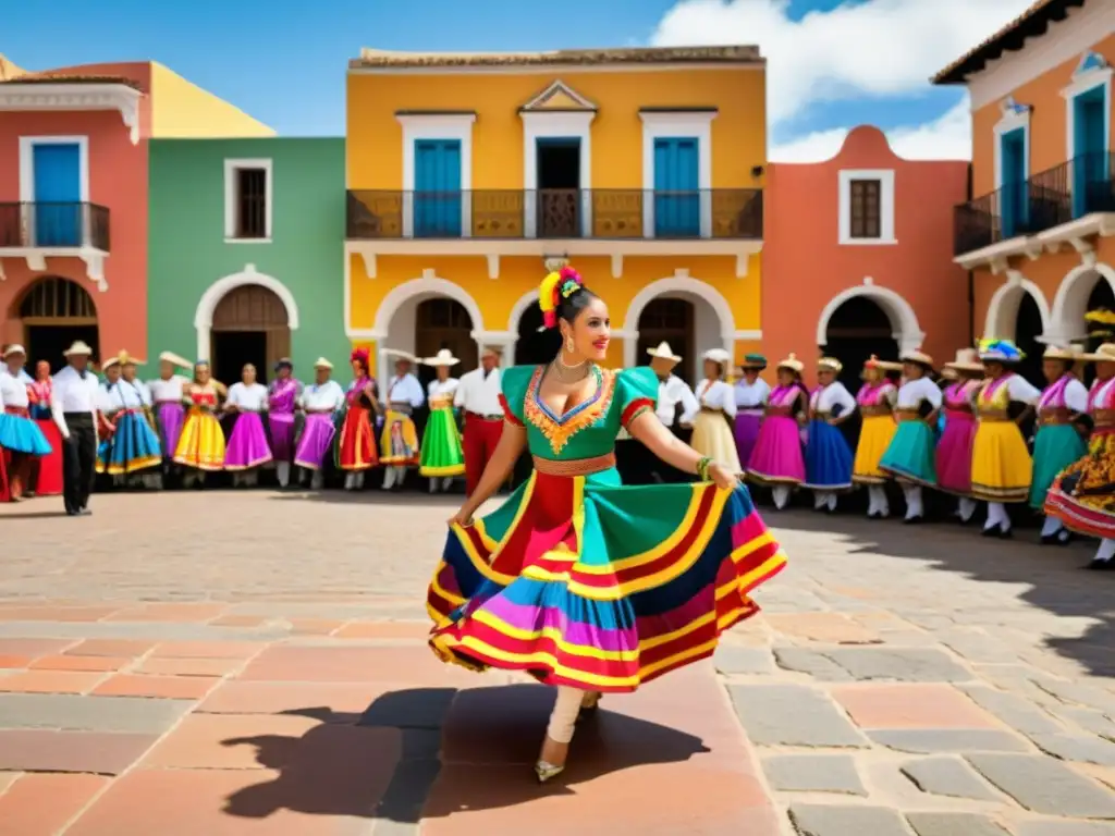 Grupo de bailarines tradicionales latinoamericanos con vestimentas vibrantes y elaboradas realizando una danza colorida en la plaza del pueblo