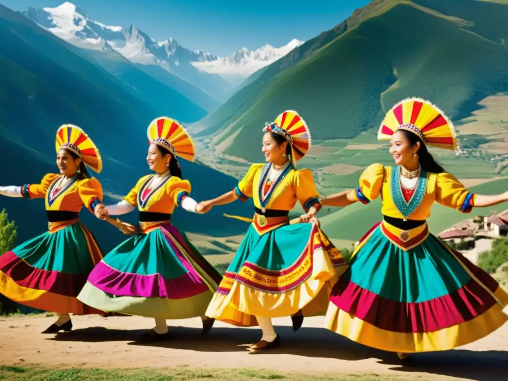 Grupo de bailarines tradicionales en los Pirineos, exhibiendo patrones artísticos culturas del mundo con trajes vibrantes y danza grácil