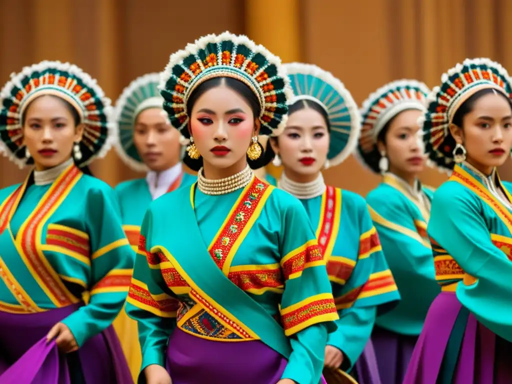 Grupo de bailarines tradicionales con trajes vibrantes y patrones intrincados, expresando la herencia cultural de Patrones de danzas tradicionales