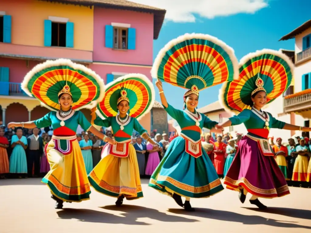 Grupo de bailarines en trajes coloridos y elaborados, creando patrones artísticos en bailes festivos en una celebración vibrante