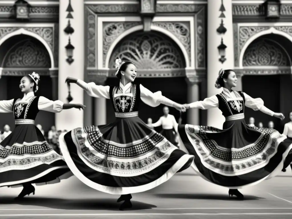 Grupo de bailarines en trajes tradicionales realizando una danza folclórica con movimientos fluidos y patrones artísticos en bailes festivos