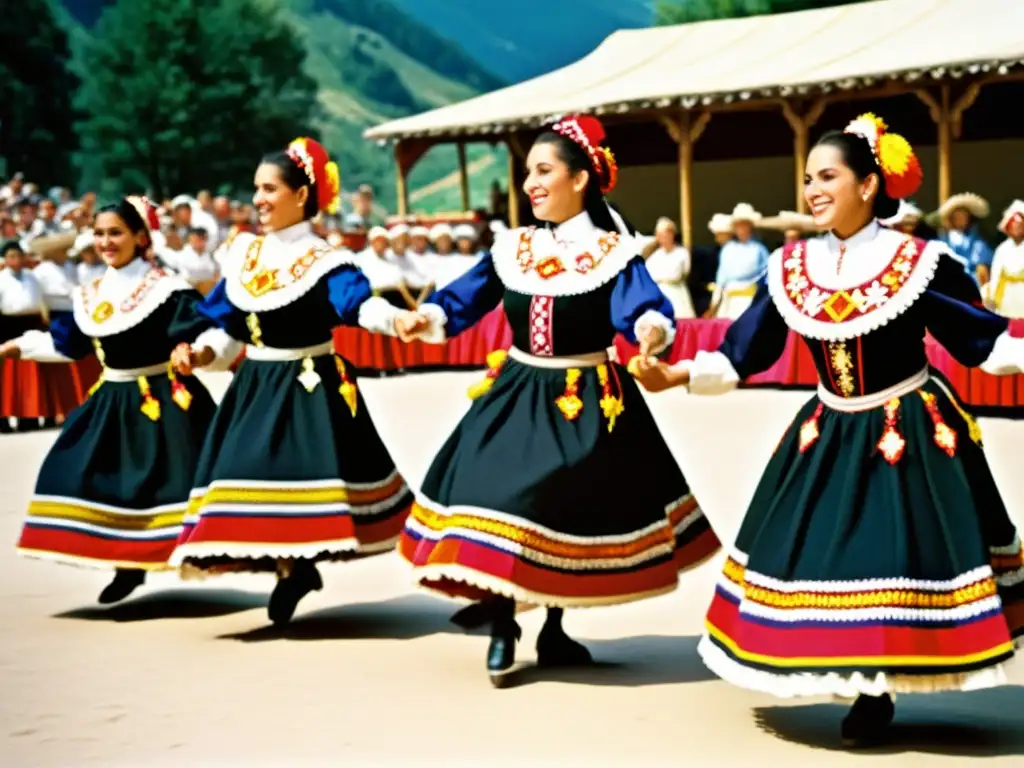 Grupo de bailarines con trajes tradicionales del Festival Folklórico de los Pirineos, exhibiendo patrones artísticos culturas del mundo