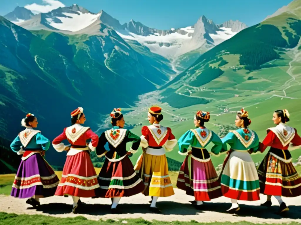 Grupo de bailarines en trajes tradicionales realizando una danza vibrante en los Pirineos, representando patrones artísticos culturas del mundo