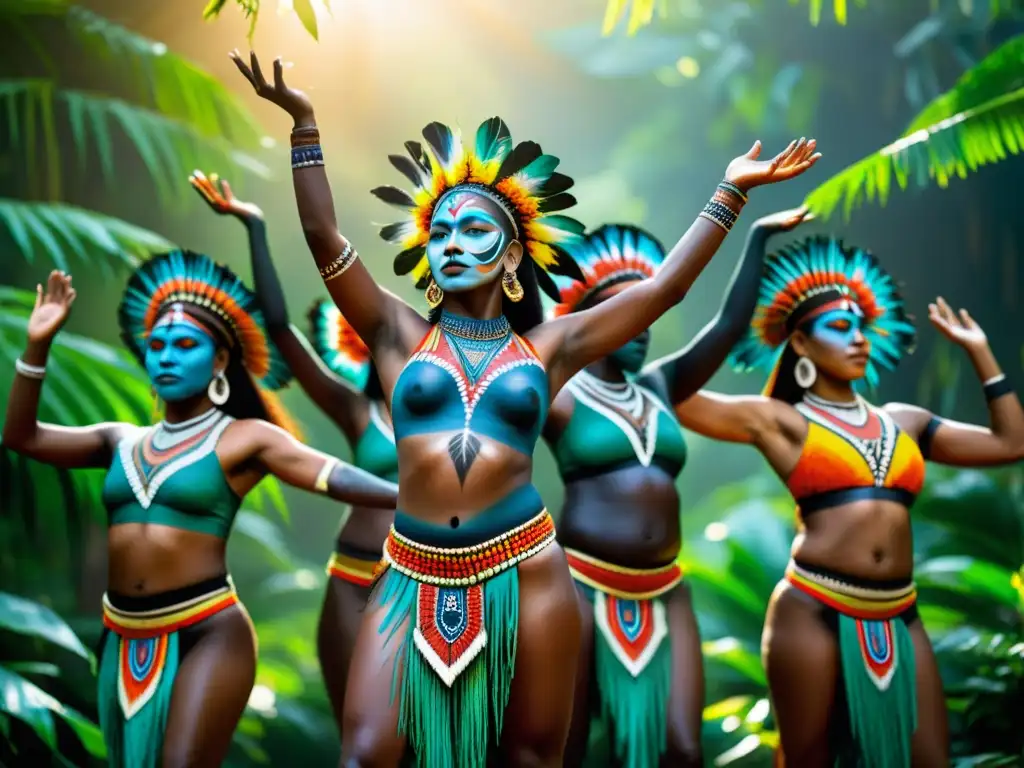 Grupo de bailarines tribales con patrones en pintura facial, danzando en la selva