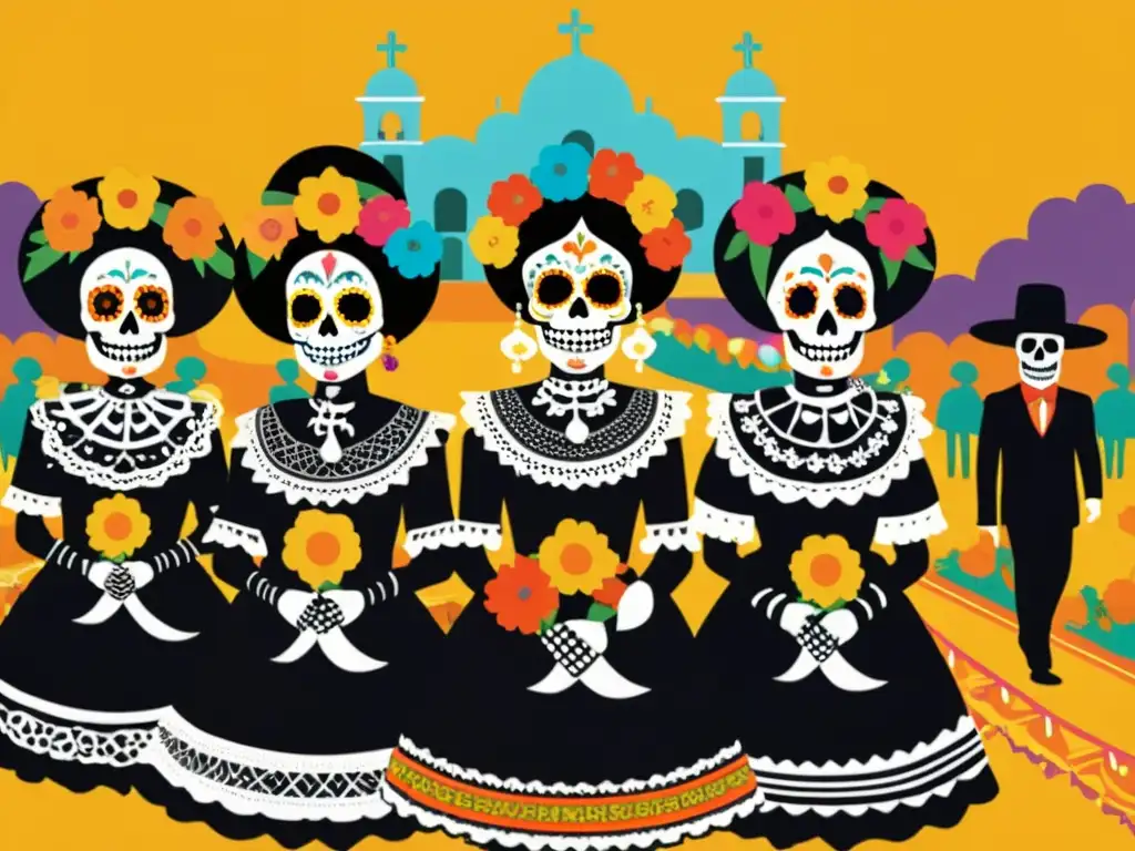 Grupo de Catrinas elegantemente vestidas desfilando en el Día de Muertos, con sombreros adornados y maquillaje de calavera