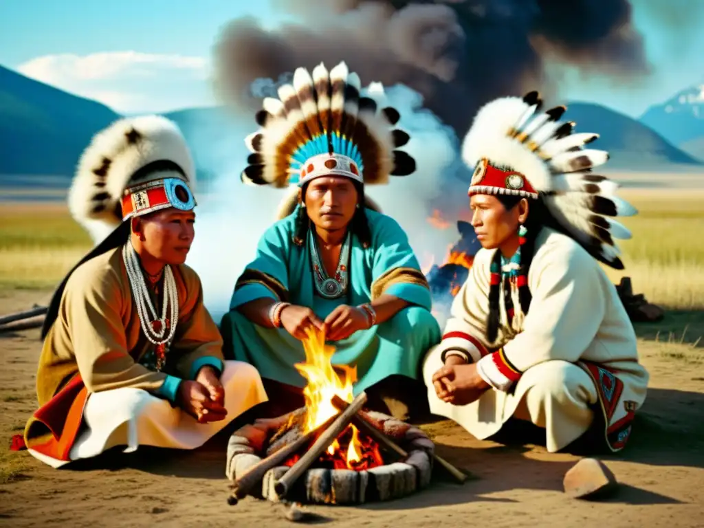 Un grupo de chamanes siberianos con trajes tradicionales, realizando un ritual alrededor de un fuego sagrado, con patrones y símbolos