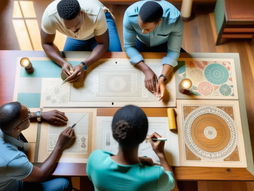 Grupo creativo colaborando en diseño, con patrones coloridos en mesa de madera vintage