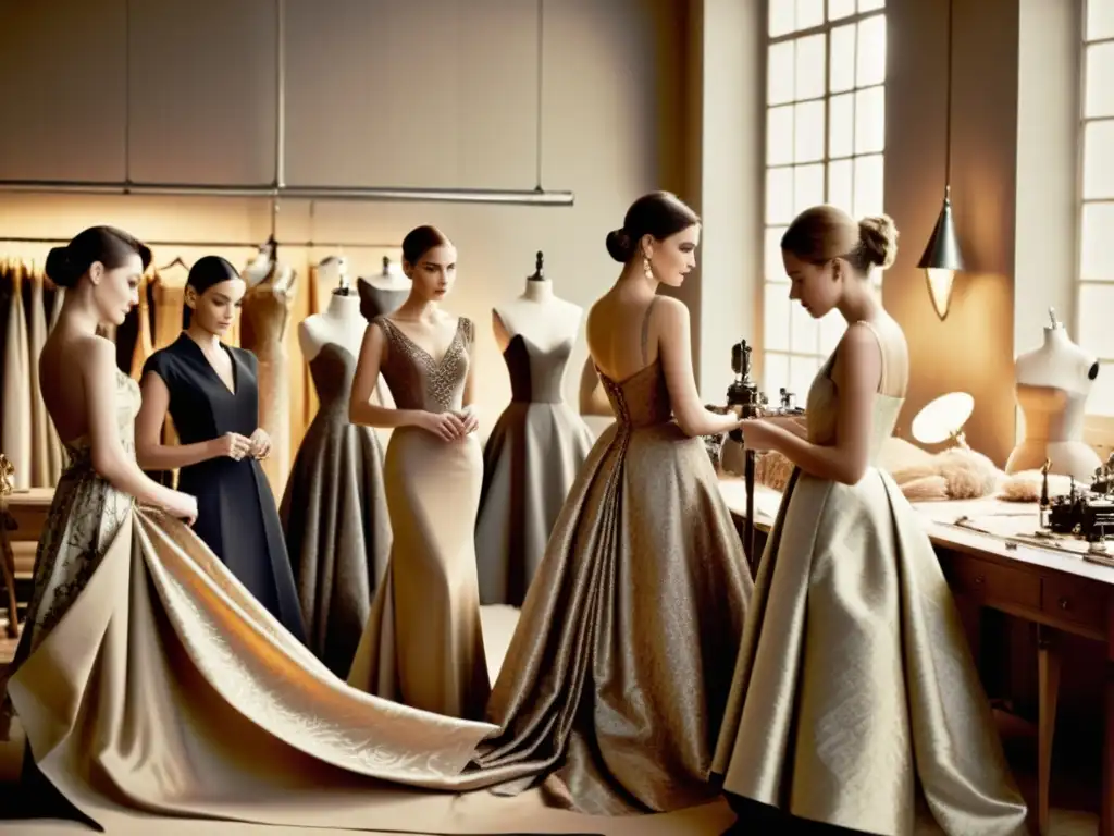 Grupo de diseñadores de moda europeos en un atelier de alta costura, creando un vestido exquisito