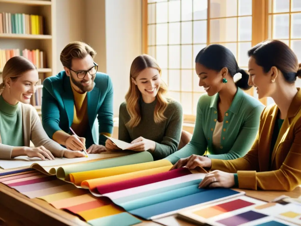 Un grupo de diseñadores de textiles colabora en la creación de patrones textiles digitales en un espacio vintage bañado por la cálida luz del sol