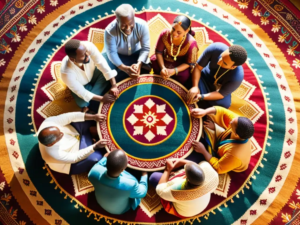 Grupo diverso en círculo con patrones culturales y bandera de paz, resalta importancia de patrones culturales en conflictos