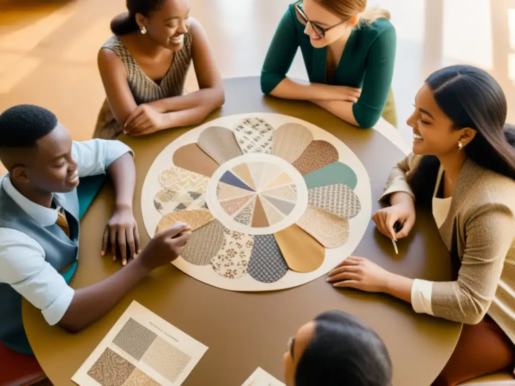 Grupo diverso de estudiantes discuten apasionadamente sobre diseño de patrones étnicos contemporáneos