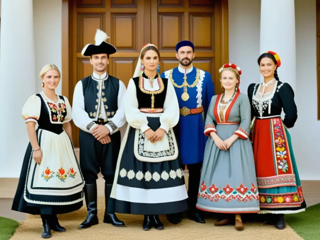 Grupo diverso europeo viste trajes tradicionales con patrones y detalles únicos