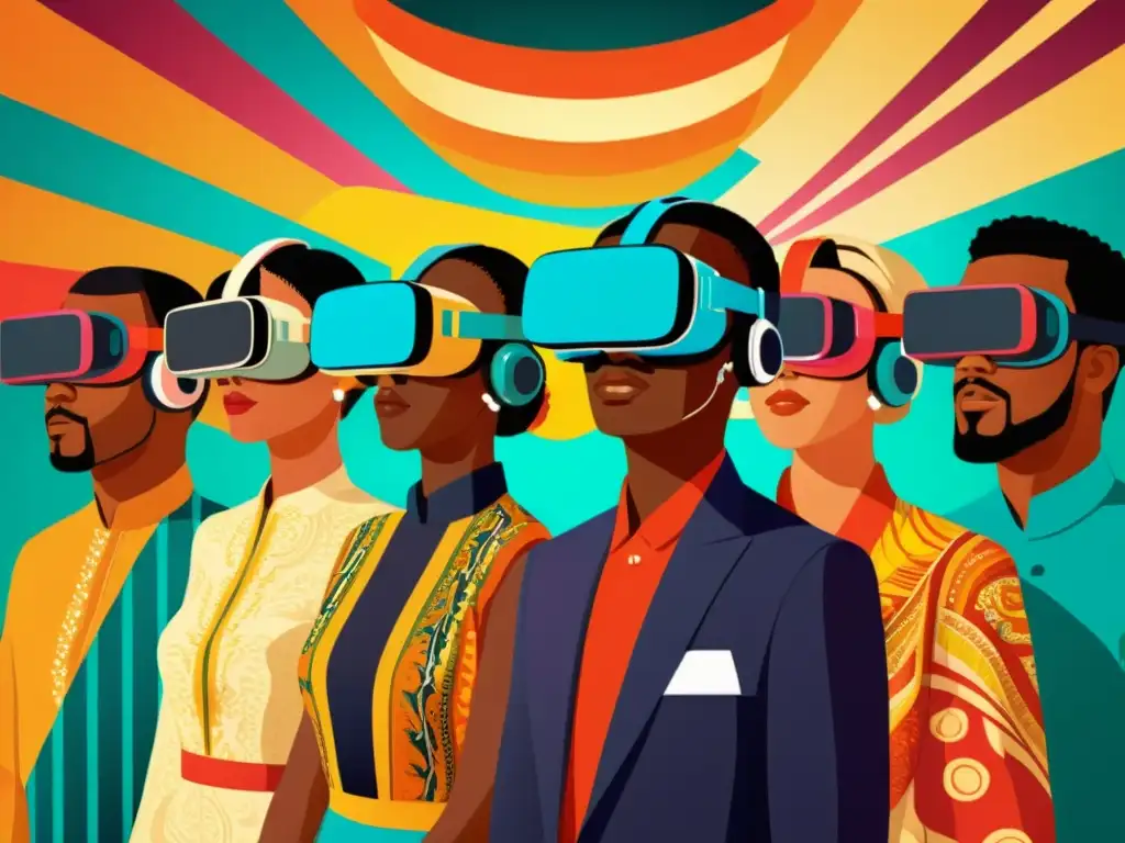 Experiencia de Realidad Virtual con Vestimenta Cultural Tradicional Un grupo diverso disfruta de experiencias de realidad virtual con patrones culturales, fusionando lo real y lo virtual
