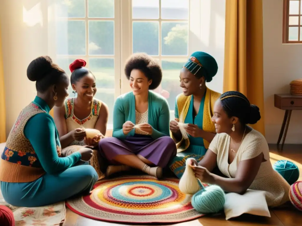 Grupo diverso de mujeres tejiendo y cosiendo en círculo, con patrones textiles revolución feminista en ambiente nostálgico y empoderador