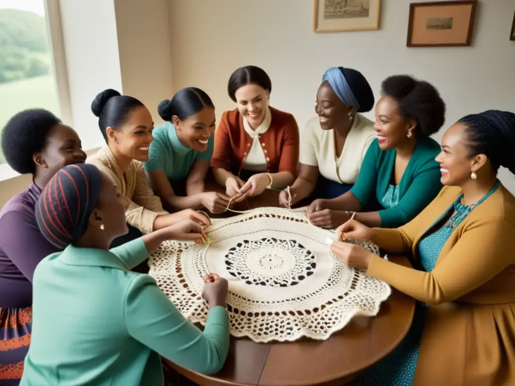 Grupo diverso de mujeres tejiendo patrones textiles, irradiando empoderamiento y camaradería en una atmósfera vintage de revolución feminista