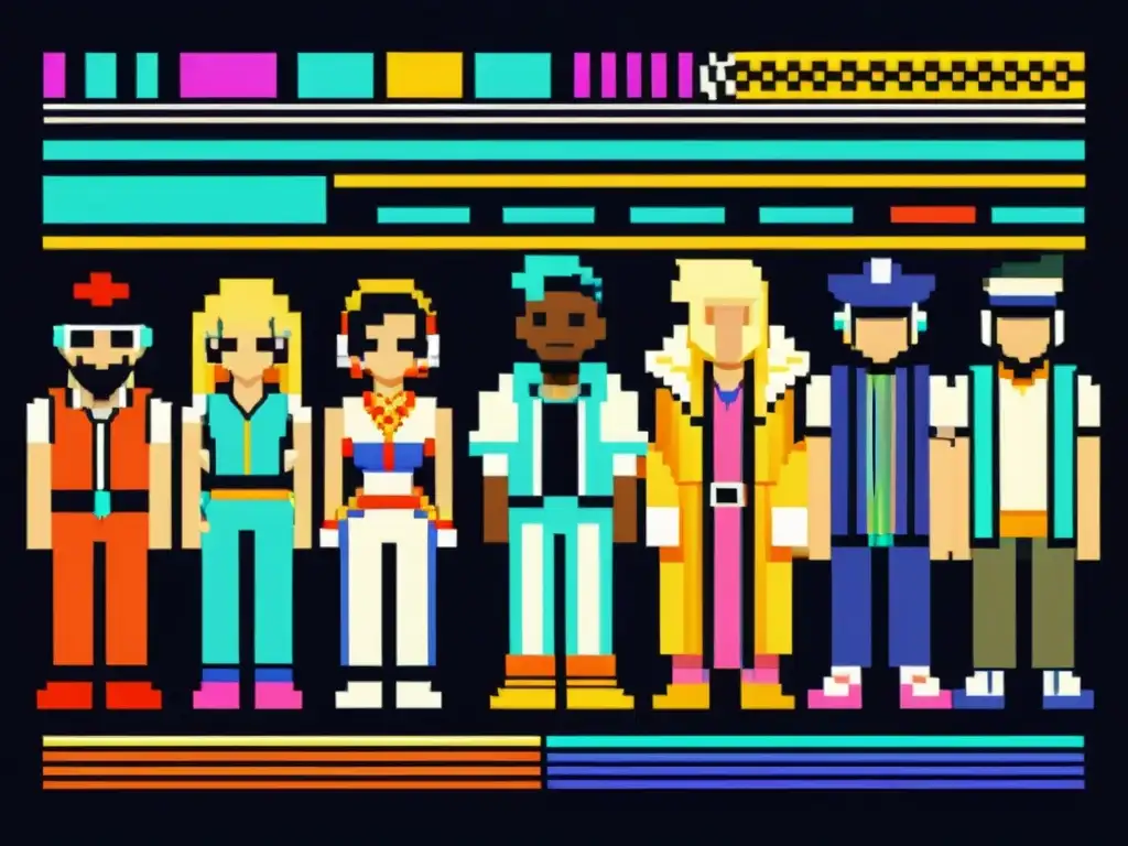 Grupo diverso de personajes de videojuegos en estilo 8bit vintage con patrones artísticos en moda de videojuegos