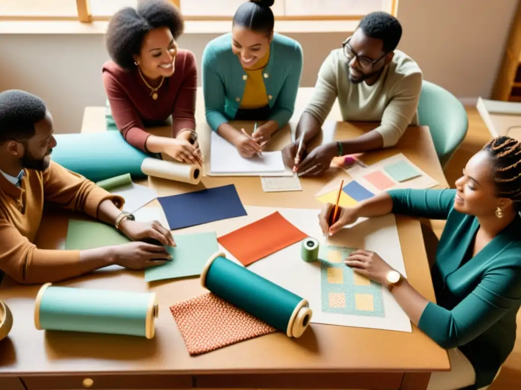 Un grupo diverso de personas colabora en el diseño de patrones interculturales en un ambiente cálido y acogedor