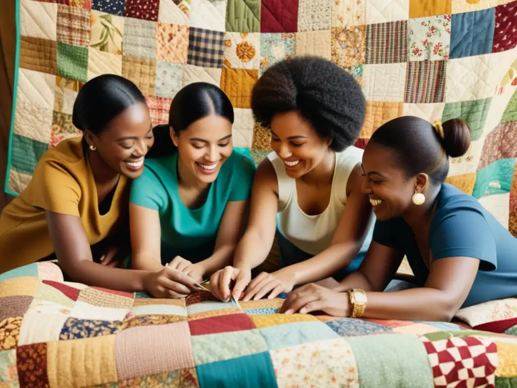 Colaboración multicultural creando un patchwork vibrante Un grupo diverso de personas colabora en un hermoso quilt, cosiendo y compartiendo historias, en un ambiente cálido y nostálgico