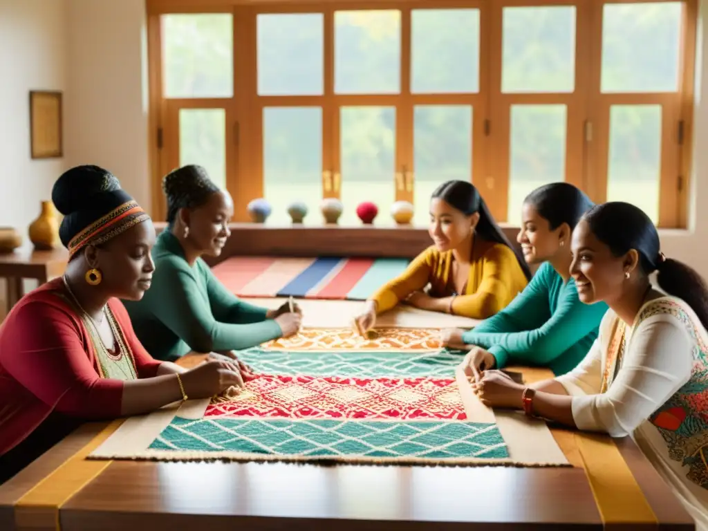 Grupo diverso de personas creando patrones interculturales en una mesa de madera, envueltos en una atmósfera cálida y colaborativa