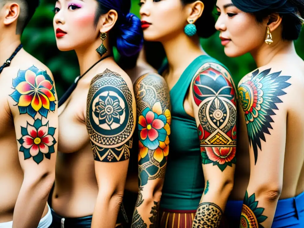 Un grupo diverso muestra sus tatuajes con patrones artísticos en una celebración de creatividad