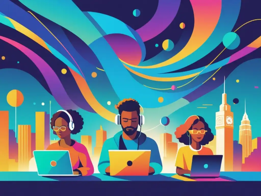 Ciberactivismo unificador en ciudad futurista Un grupo diverso usa tecnología en una ciudad futurista con patrones digitales, simbolizando el arte global y la unión cibernética