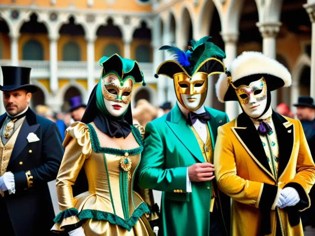 Grupo elegante con máscaras y trajes en el Carnaval de Venecia, exhibiendo patrones y colores vibrantes