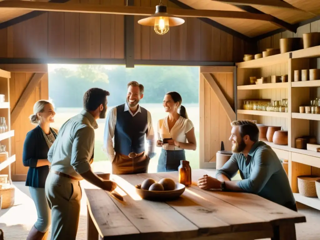 Emprendedores rurales: Ideas y pasión en la granja Un grupo de emprendedores rurales se reúnen en una animada discusión en un ambiente cálido y acogedor