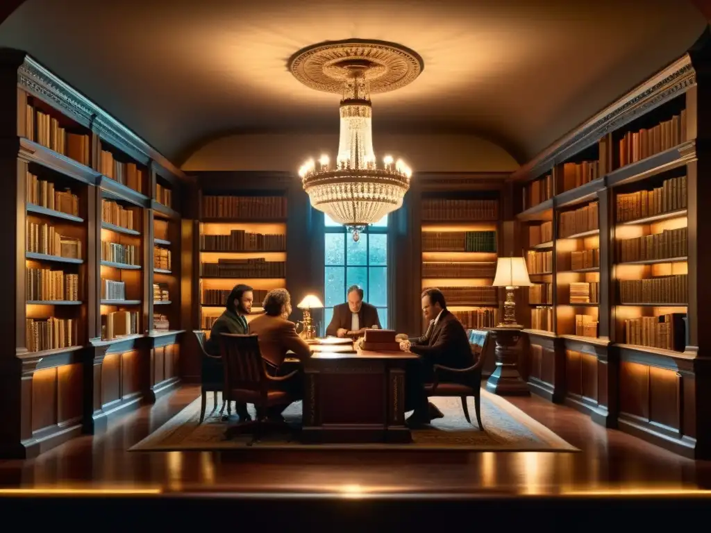 Un grupo de escritores inmersos en su trabajo en una biblioteca ornamentada, iluminados por la cálida luz de un candelabro