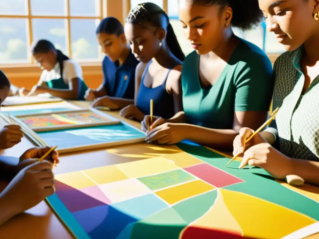 Un grupo de estudiantes diversos creando un tapiz multicultural con patrones étnicos en un ambiente cálido y creativo