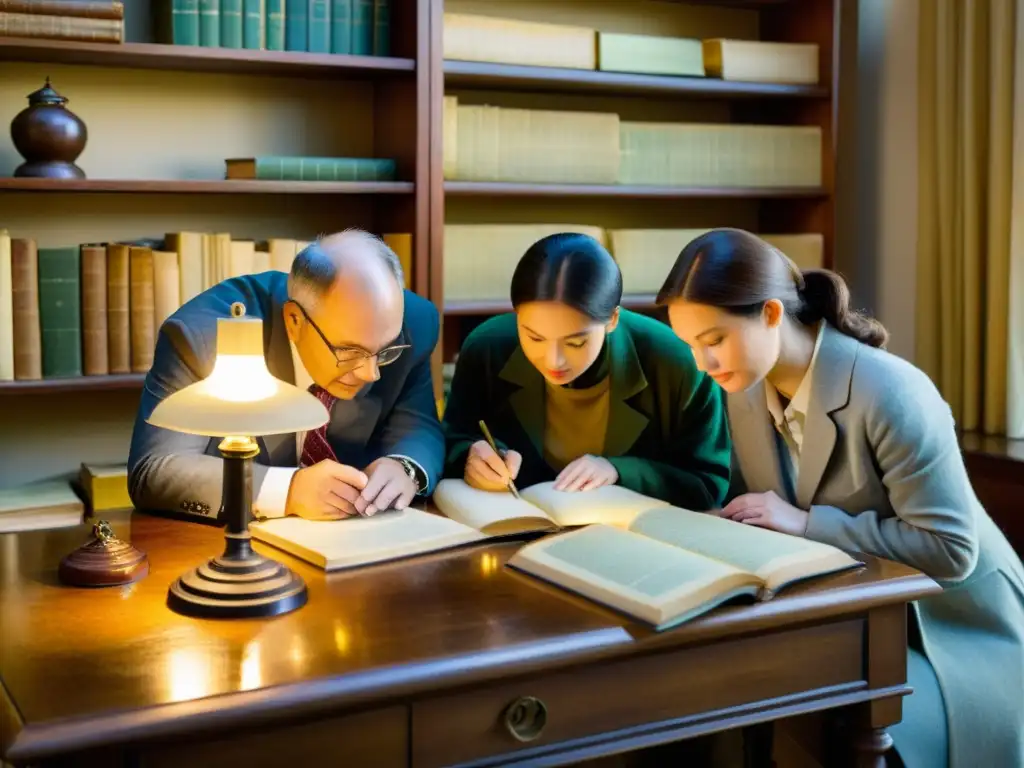 Un grupo de expertos internacionales en preservación de archivos examina documentos frágiles en una mesa de madera vintage