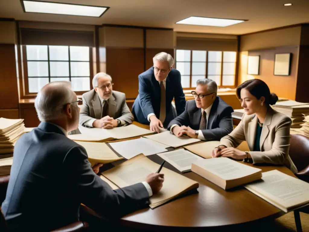 Un grupo de expertos internacionales en proyectos de preservación digital globales colabora en una mesa redonda, rodeados de antiguos manuscritos