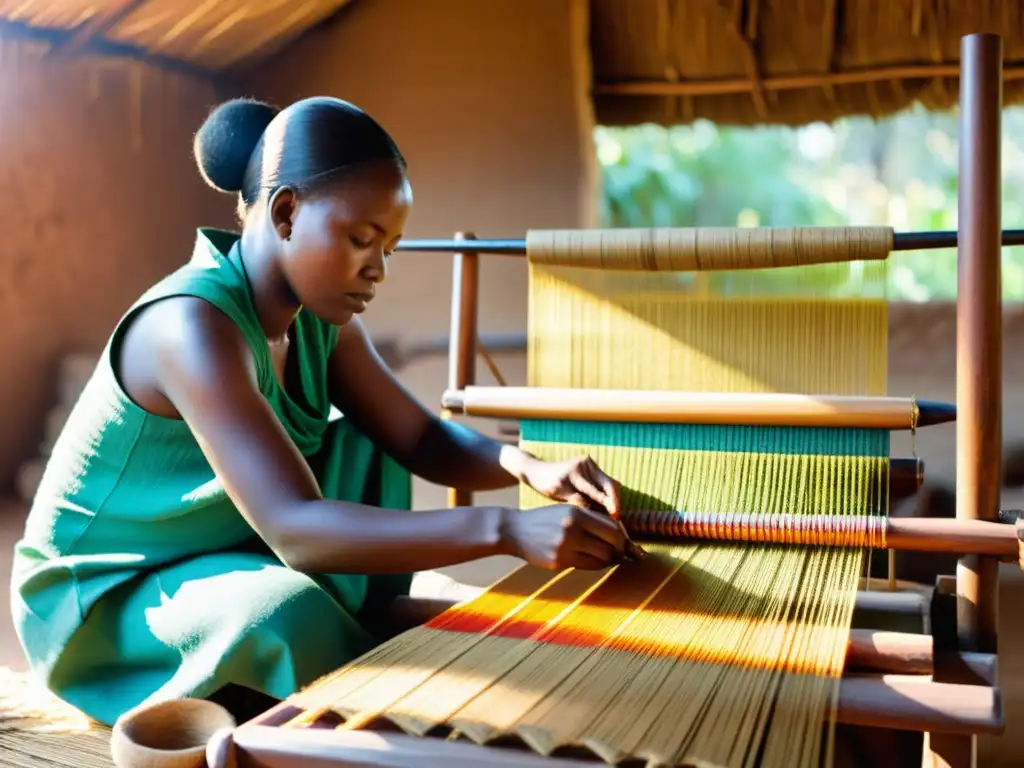 Un grupo de hábiles artesanos africanos teje patrones e colores vibrantes en un telar de madera, mientras la luz del sol ilumina el taller rústico