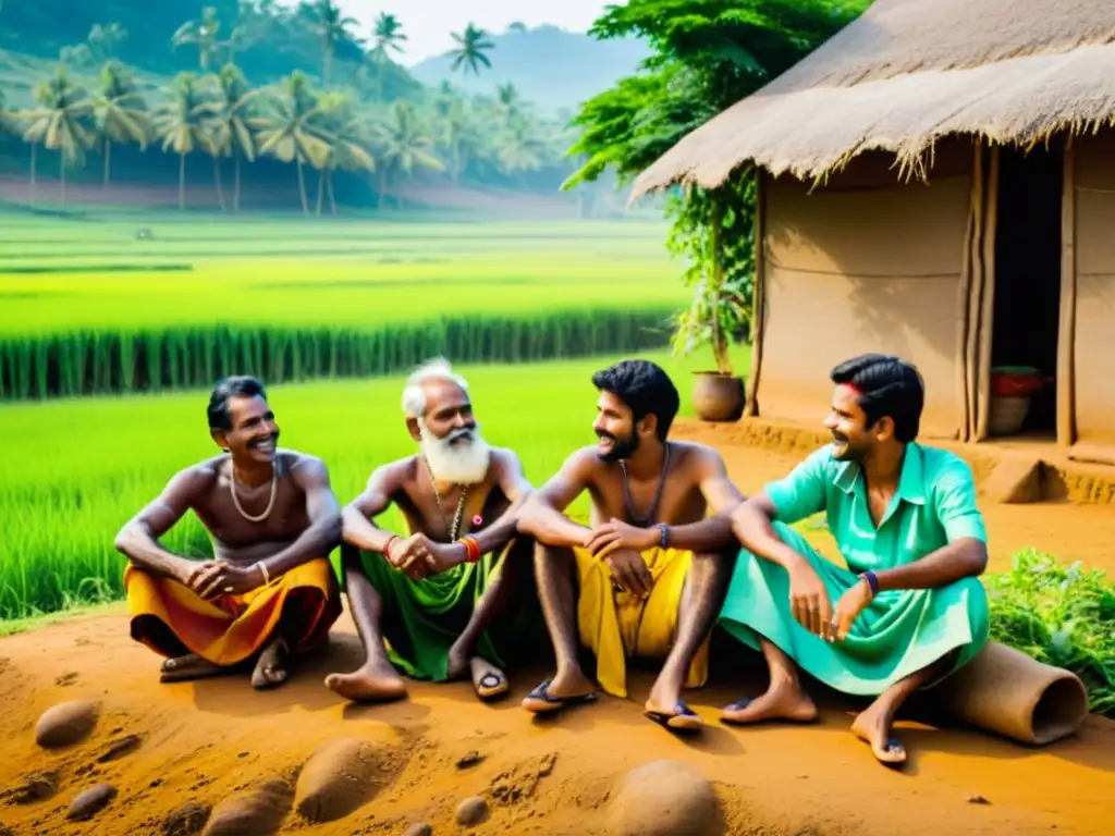 Vida rural en India: hombres con lungis tradicionales Un grupo de hombres en un pueblo del sur de la India viste lungis tradicionales mientras realizan actividades cotidianas