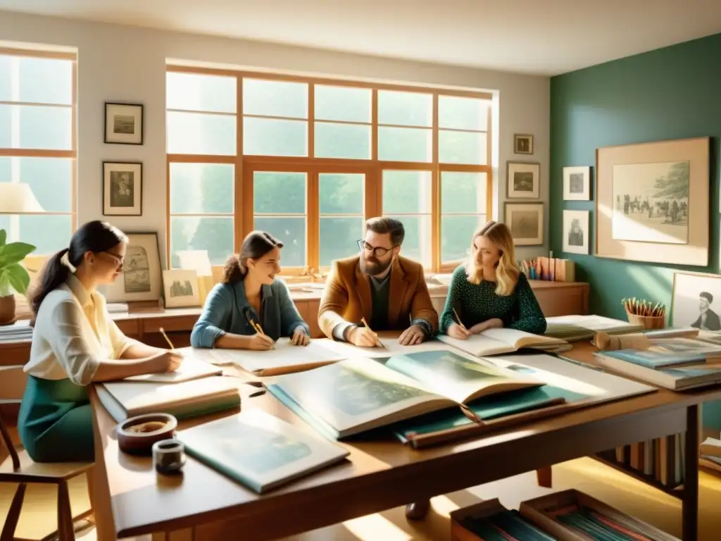 Un grupo de ilustradores y maestros se reúnen alrededor de una mesa llena de suministros de arte y bocetos en un ambiente cálido y colaborativo