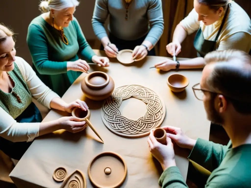 Grupo inmerso en un taller de arte celta en Escocia, rodeado de herramientas y patrones tradicionales, con una atmósfera nostálgica y misteriosa