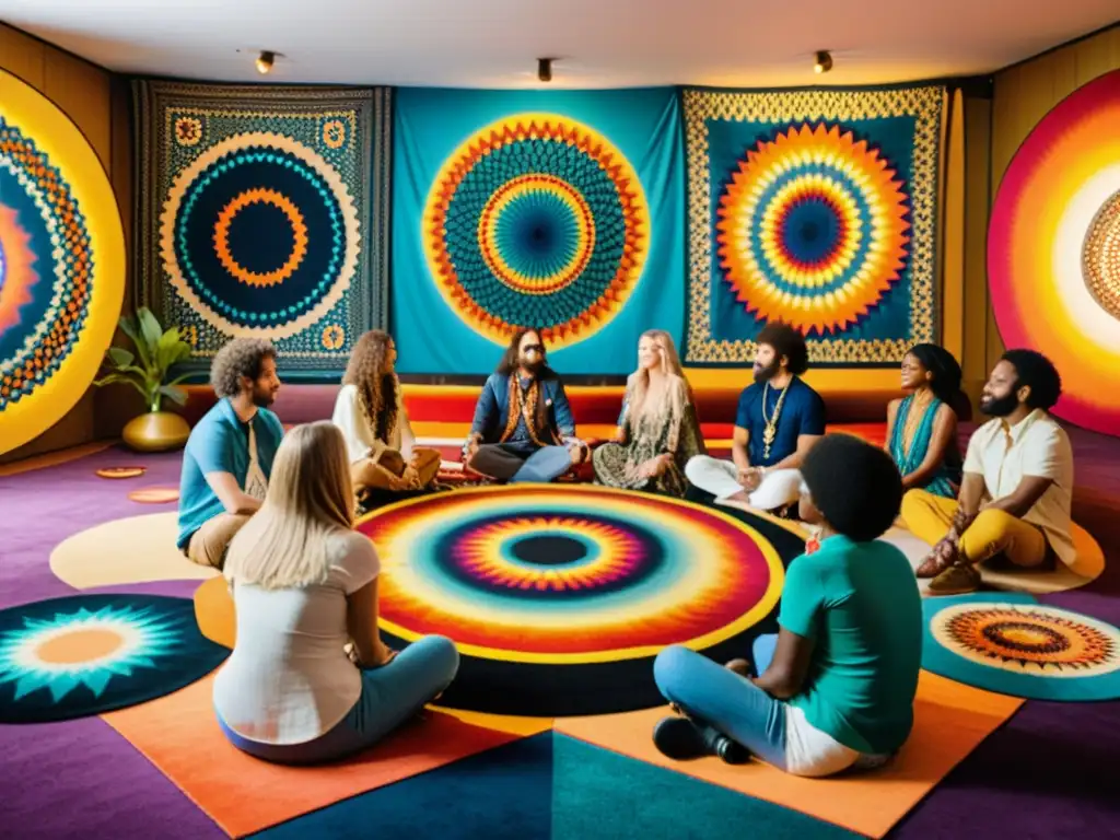 Grupo inmerso en un taller de patrones psicodélicos culturas, rodeado de arte psicodélico de los años 70