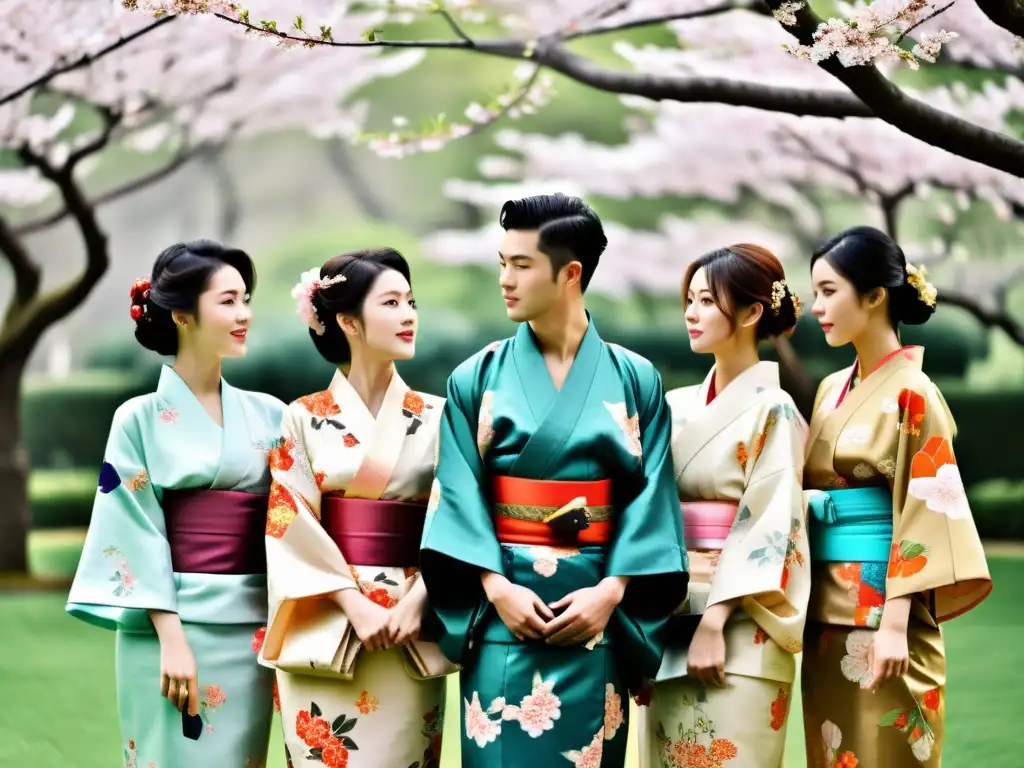 Un grupo de jóvenes adultos elegantemente vestidos con kimonos tradicionales, rodeados de un jardín sereno y adornado con cerezos en flor