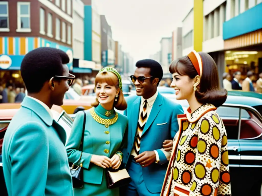 Grupo de jóvenes vistiendo moda psicodélica de los años 60, disfrutando en la bulliciosa calle de la ciudad