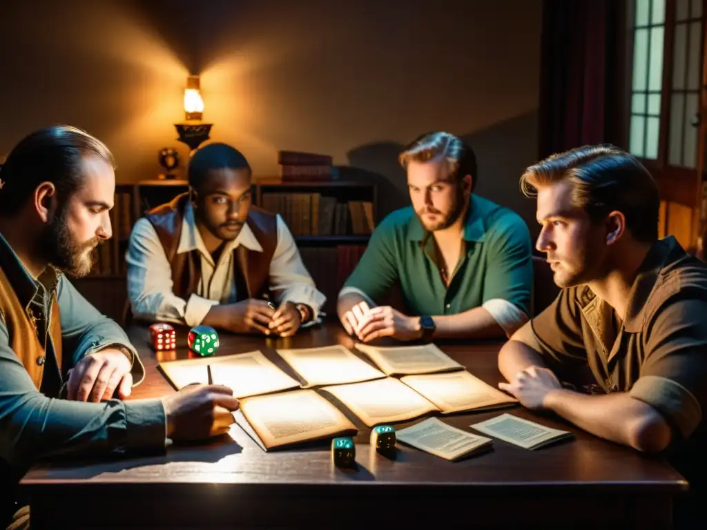 Un grupo de jugadores de rol se reúnen alrededor de una mesa de madera vintage, inmersos en una intensa sesión de narración