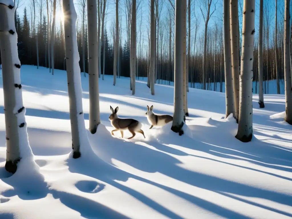 Grupo de liebres blancas en bosque nevado, con patrones de luz y sombra