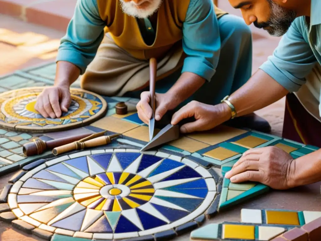 Un grupo de maestros artesanos mosaicos árabes crea patrones intrincados bajo la cálida luz del atardecer en un patio lleno de color y tradición