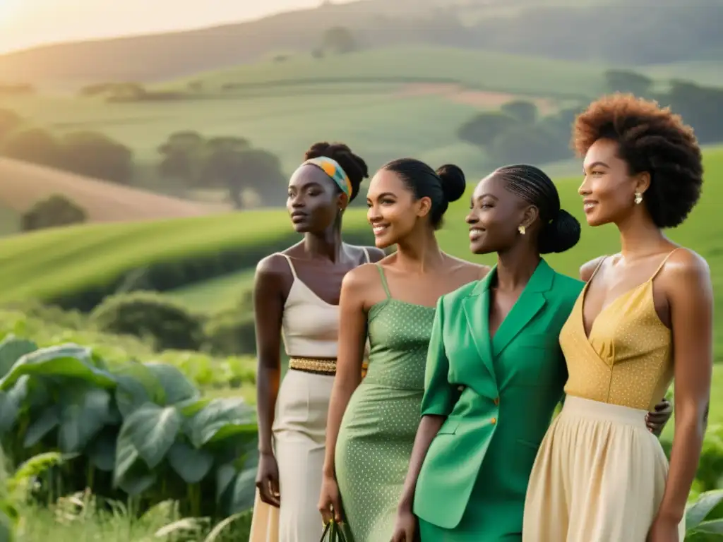 Grupo de modelos en campo verde luciendo patrones moda ética sostenible al atardecer, transmitiendo confianza y empoderamiento