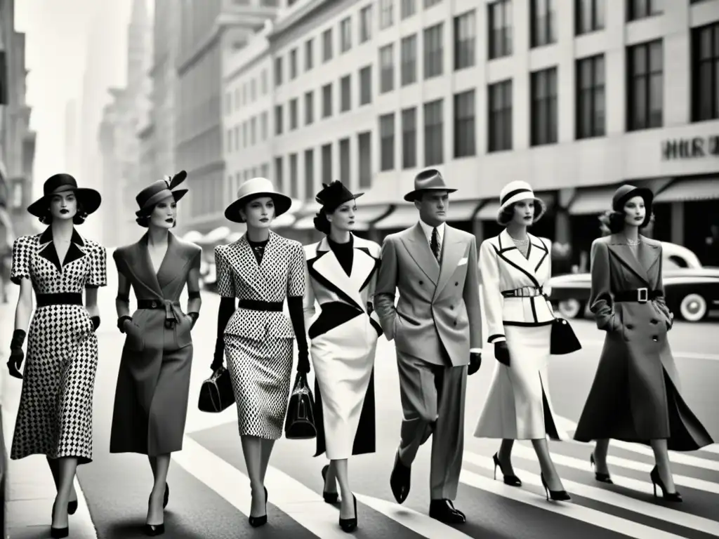 Grupo de modelos vistiendo patrones modernistas moda contemporánea, desfilando con elegancia en la bulliciosa ciudad