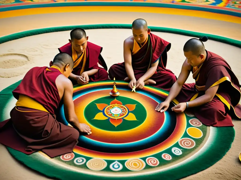 Un grupo de monjes tibetanos crea un mandala de arena con meticulosos patrones, evocando una devoción espiritual y precisión artística