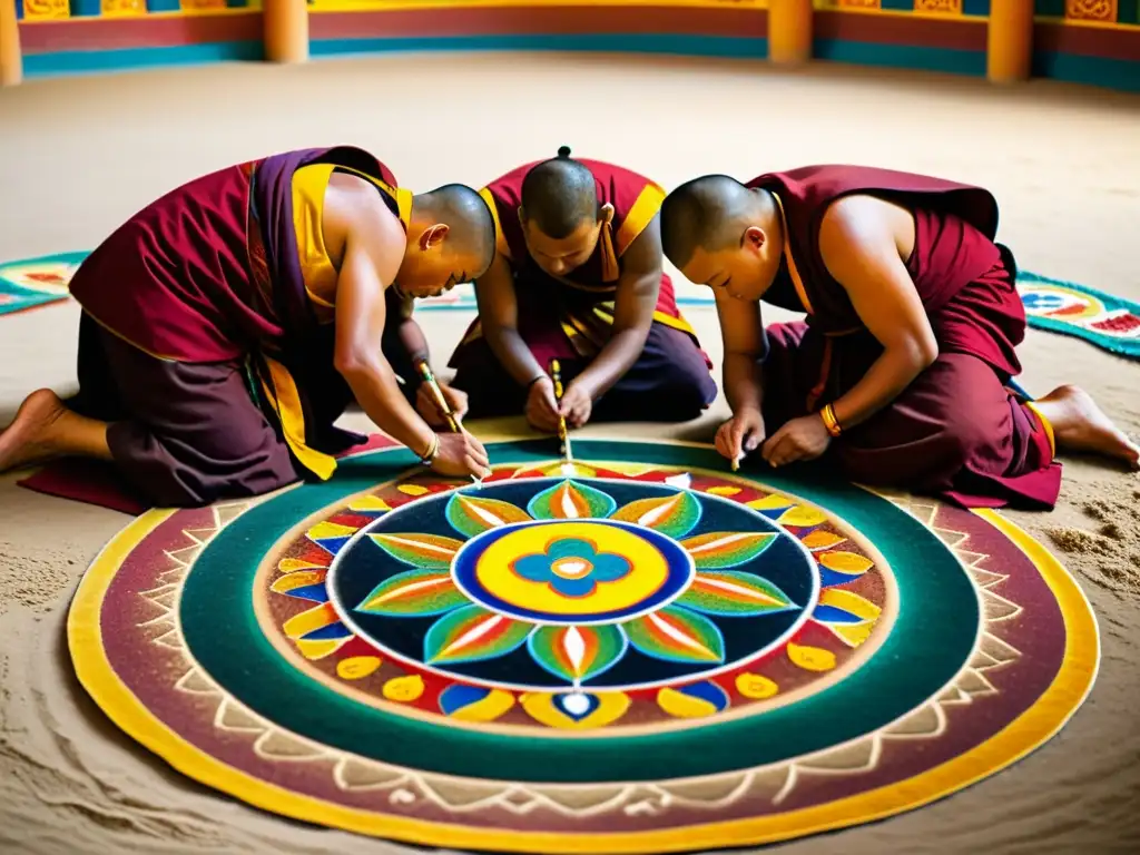 Un grupo de monjes tibetanos crea un mandala de arena con intensa concentración