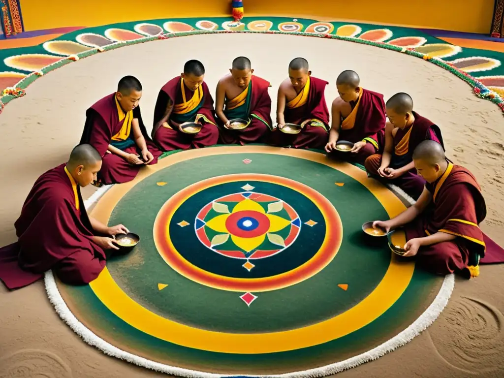 Un grupo de monjes tibetanos crean un mandala de arena con significado espiritual tibetano, inmersos en un ambiente sereno y atemporal