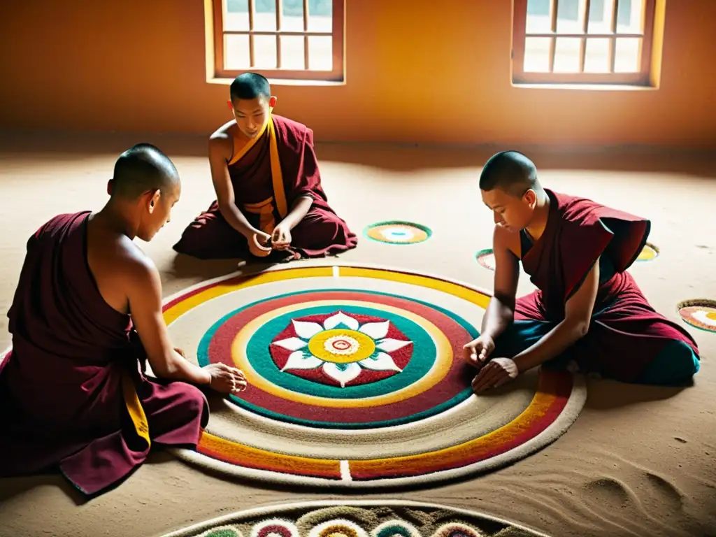 Un grupo de monjes tibetanos crea mandalas de arena en un monasterio, con patrones vibrantes y luz solar